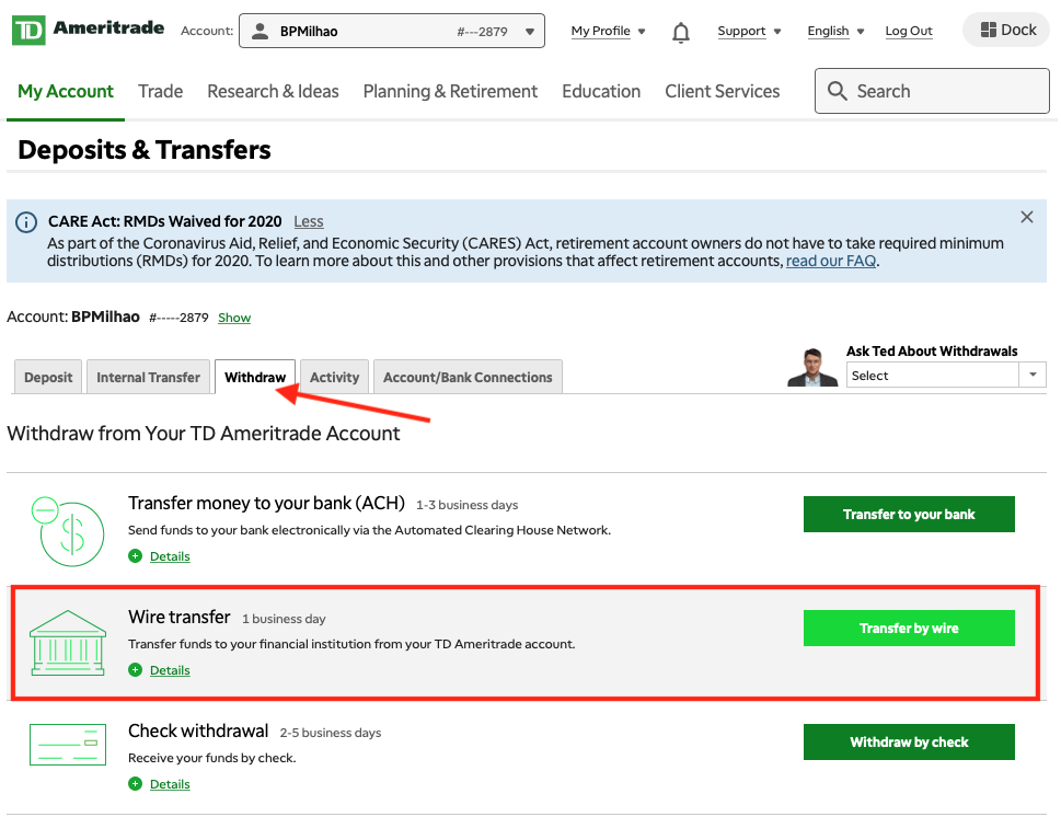 como sacar dinheiro da TD Ameritrade