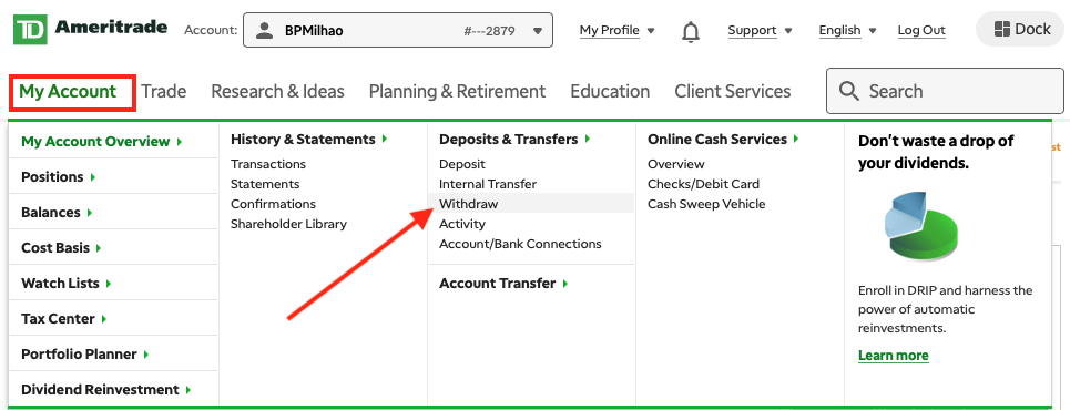 sacar dinheiro da TD Ameritrade